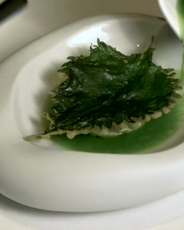 Green sauce poured over a leaf