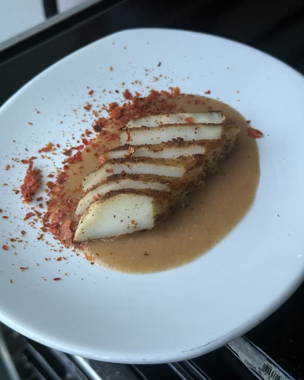 Celeriac, celeriac sauce and tomato skin flakes